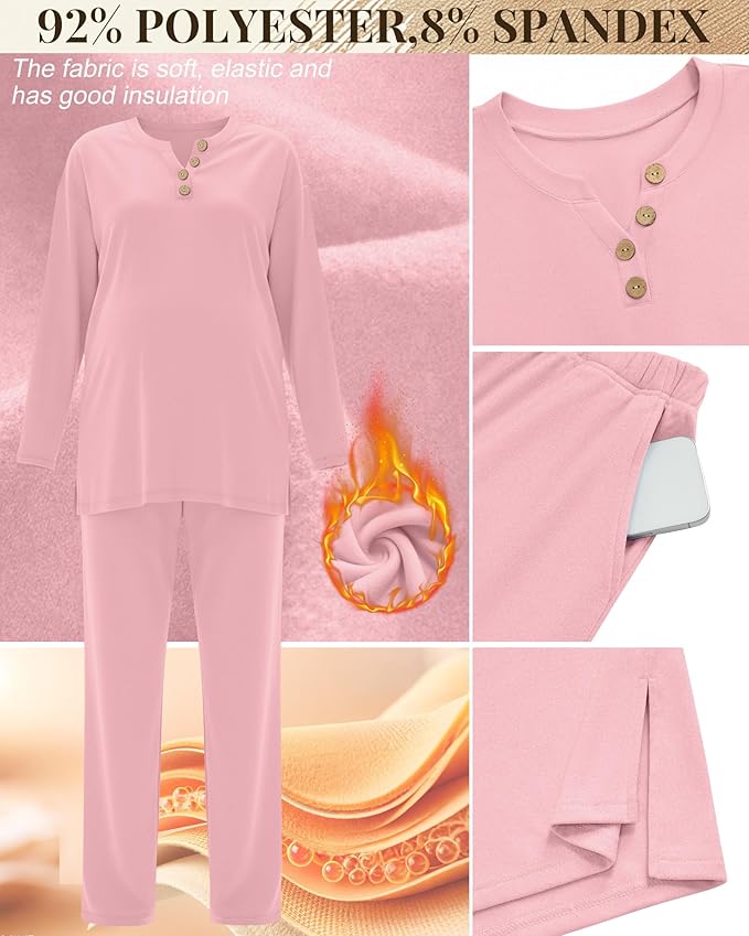 2 Piece Thermal Maternity Lounge Set Postpartum Pregnancy Fleece Loungewear Long Sleeve Top and Wide Leg Pant