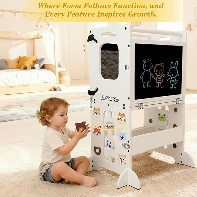 4-in-1 Toddler Kitchen Stool Helper, CPC Certified Foldable Toddler Tower, Learning Wooden Tower with Support Feet and Chalkboard, Anti-Drop Structure, Safe Design for Kids, White