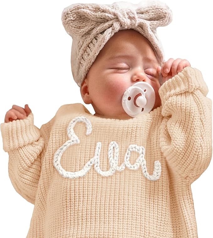 Personalized Baby Knit Sweater, Custom Baby Sweater with Hand-Embroidered Name and Monogram, Customized Unique Gift for Baby