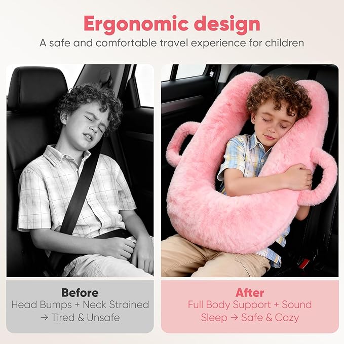 Car Pillow for Kids, Travel Pillow for Car Sleeping, Head and Neck Support Cushion with Removable Inner Insert, Washable Cover (Pink)