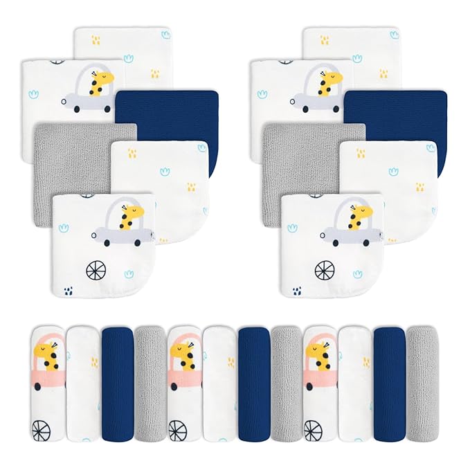 Viviland Baby Washcloths, Super Soft Baby Bath Towels for Newborn 24 Pack, Absorbent Face & Body Wash Cloth for Baby Girl, Blue-Giraffe Pattern, 9 x 9 inch