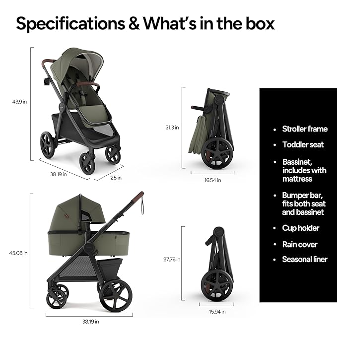 Mompush Ultimate 3 Full Size Baby Stroller with Bassinet from Newborn to 50 lbs - All-Terrain Large Wheels with Full Suspension, Reversible & Extendable Seat for Growing Kids, One-Second Compact Fold