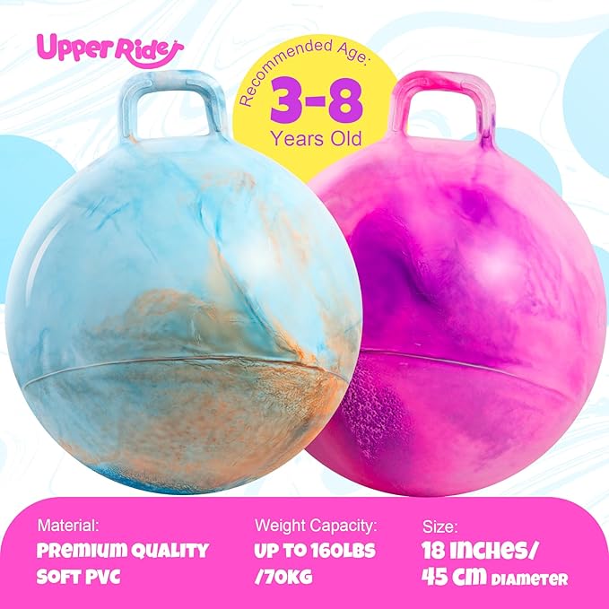 Upper Rider 2 Pcs 18 Inch Hopper Ball for Kids 3-8, Bouncy Balls with Handle for Toddlers, Inflatable Hippity Hop Jumping Balls, Sit On Hopping Toys with Pump for Girls Boys, Blue Pink