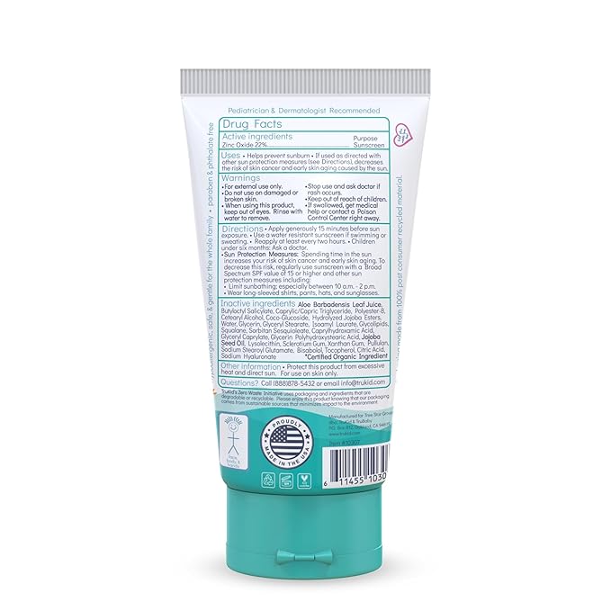 TruKid Easy On Mineral Sunscreen SPF 50 - All Natural Kids & Baby Sunscreen for Face & Body, Non-Toxic Zinc Oxide Sunblock Protection for Sensitive Skin, Unscented, FSA Eligible, Travel Size 3.4oz