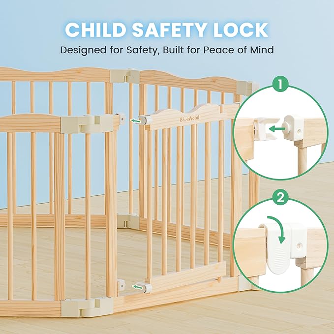 Foldable Wooden Playpen - Adjustable Wood Baby Play Yard with Child-Proof Lock, Indoor Large Safety Fence for Babies and Toddlers - Easy Assembly, 55 x 55 x 24 inches, Nature Nest