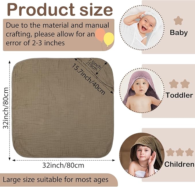 Peryiter 4 Pcs Muslin Hooded Baby Towels 32x32inch Cotton Newborn Bath Essentials Muslin Infant Blankets Absorbent Registry Baby Shower Present for Babies Girl Boy Kids (Coffee)