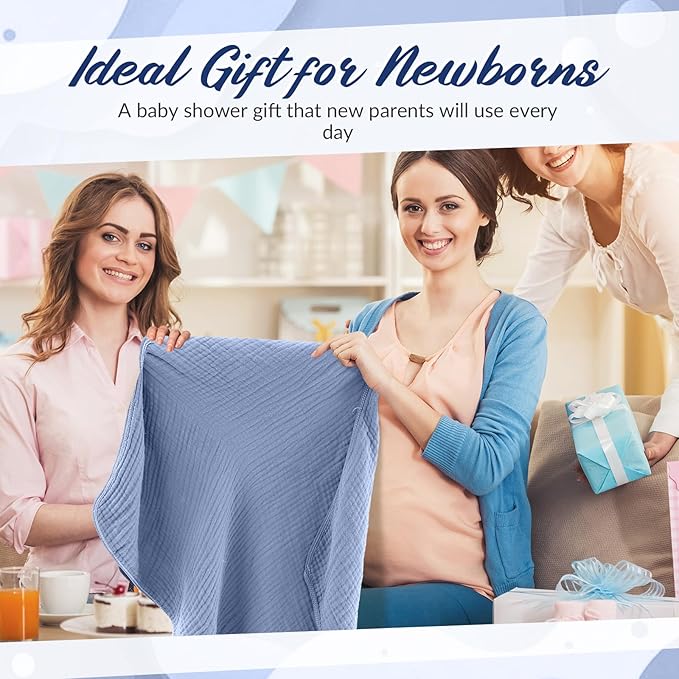6 Pcs Muslin Hooded Bath Towels Washcloths and Bibs Set, Muslin Cotton Baby Towels Absorbent Hooded Blanket Towel Infant Bibs for Boys Girls Newborn Infant Essential(Dark Blue, Light Blue)