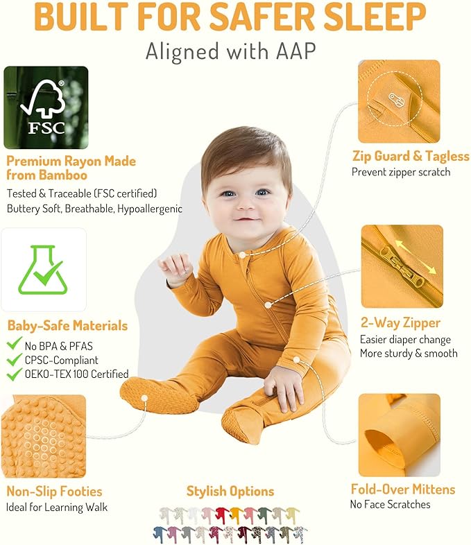 HAPIU Rayon from Bamboo Baby Footed Pajamas, 2 Way Premium Zipper, Footie for Baby Boy Girls, Newborn-24 Months