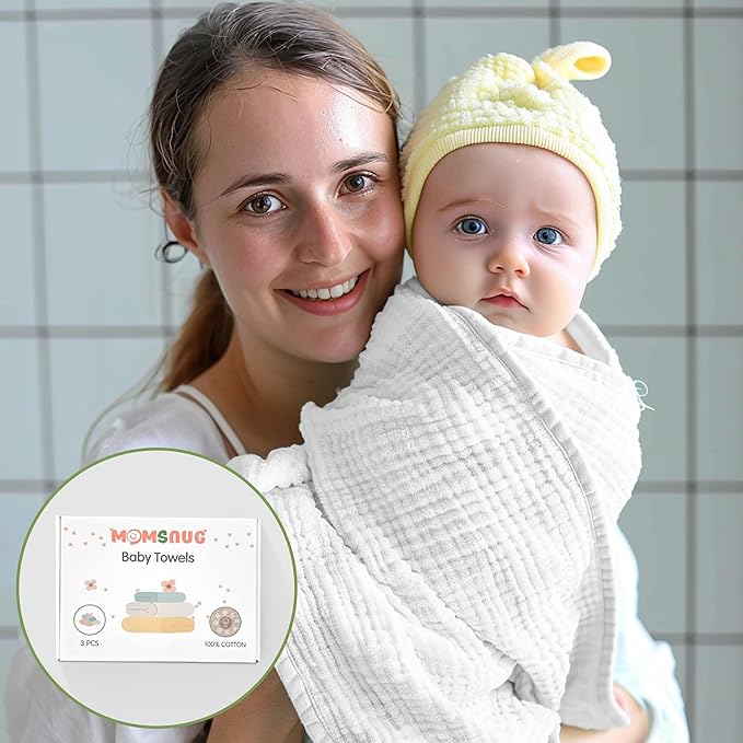 Hooded Baby Towels, 3 Pack Muslin Cotton Baby Towel Set, Super Soft and Absorbent Bath Towel for Babies, Infant, Toddler and Kids, Newborn Essential (35 X 35 Inch) (Green + Grey + Blue)