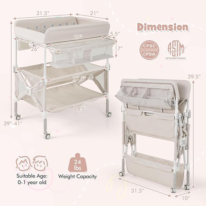 HONEY JOY Changing Table, Foldable Baby Mobile Nursery Organizer w/Wheels, Adjustable Heights, Storage Bag & Shelves, Waterproof Diaper Changing Station Dresser, Portable for Newborn Infant (Beige)