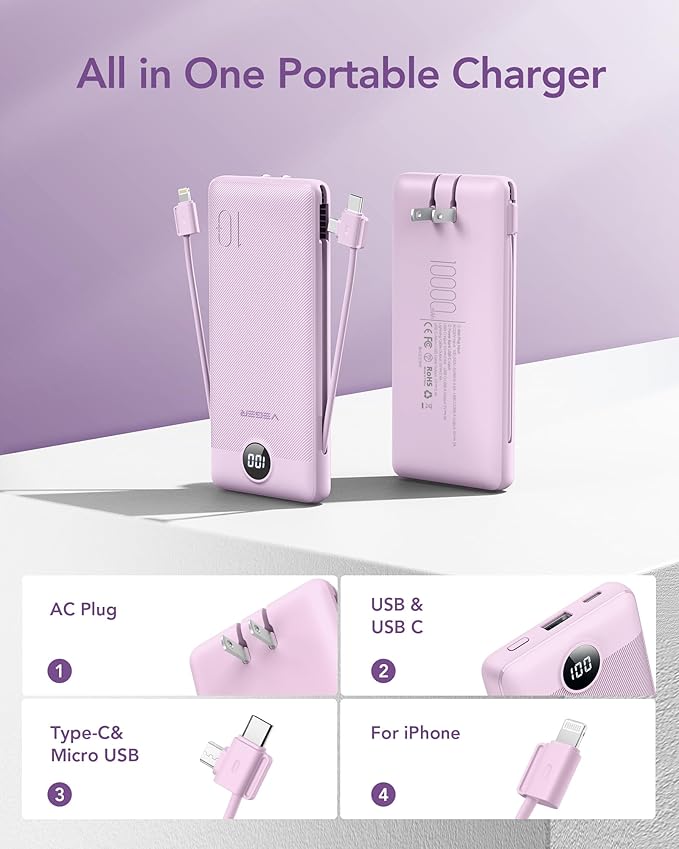 VEGER Portable Charger with Built-in AC Plug and Cables, All in One 10000mAh Ultra Slim Power Bank Travel Essentials, 15W Fast Charging Battery Pack Compatible with iPhone, Samsung, Android (Purple)