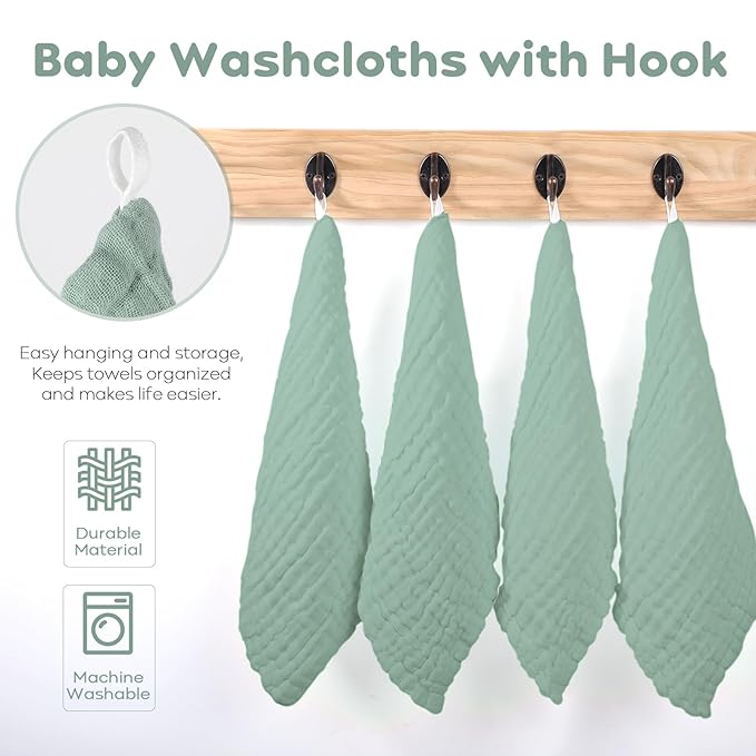 Yoofoss Muslin Baby Washcloths 100% Organic Cotton Face Towels 6 Pack Wash Cloths for Baby 12x12in Soft and Absorbent Baby Wipes (Dark Green)