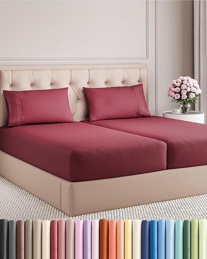Split King Size 5 Piece Sheet Set - Comfy Breathable & Cooling Bed Sheets Set - Hotel Luxury Bedding for Women, Men, Kids, Teens, Boys & Girls - Deep Pockets, Soft, Wrinkle Free - Oeko-Tex - Burgundy