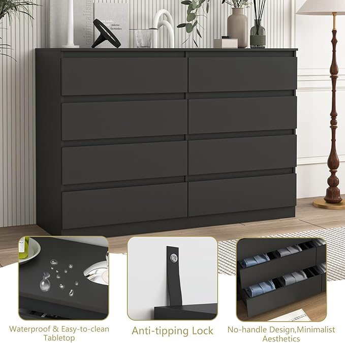 Black 8 Drawer Dresser for Bedroom,Modern Large Dresser with Deep Drawer,Wide Storage Chest of Drawer, Bedroom Storage Furniture Drawers for Living Room