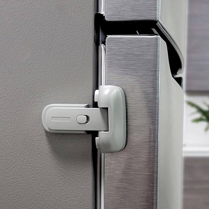 Fridge Lock for Kids, Refrigerator Lock Child Proof, Freezer Latches to Keep Door Closed, One Handed Operation, Strong Adhesive Tapes Included, Grey