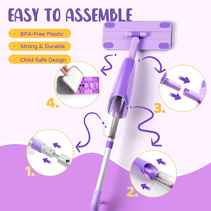 Kids Cleaning Toy Set,Purple Mini Spray Mop Montessori Toys Pretend Play Cleaning Tool for Toddlers with Spray Mop & Kids Broom Dustpan Set Cleaning Toys Gift for Toddlers Girls Boys Age 3+
