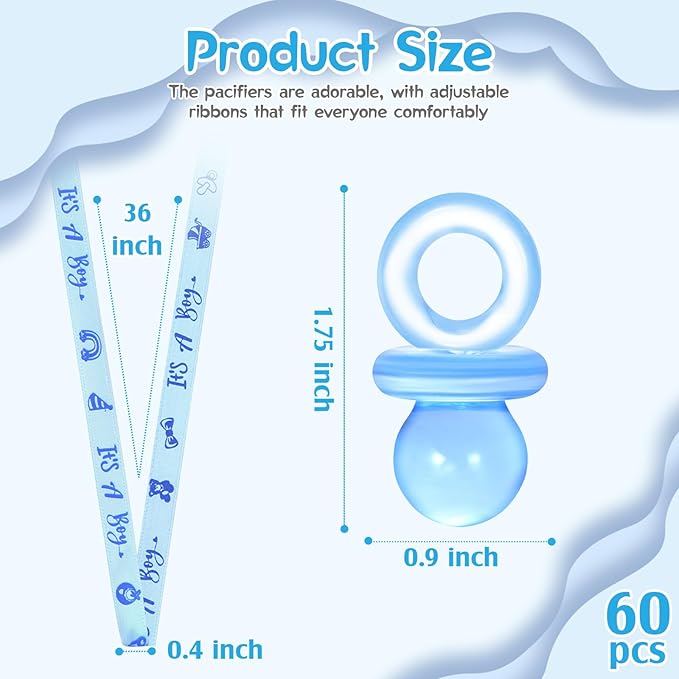 60 Pcs Baby Shower Pacifiers Necklace, Cute Acrylic Pacifier Necklaces for Chupones para Baby Shower Games Charm, Party Favors, Decorations DIY, Gender Reveal Table Scatter(Blue)