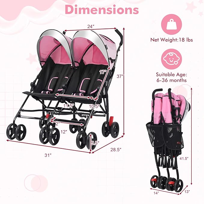 BABY JOY Double Umbrella Stroller, Lightweight Travel Side by Side Twin Stroller with Large Storage, Cup Holder, 5-Point Safety Harness, Adjustable Canopy & Compact Fold for Infant and Toddler (Pink)