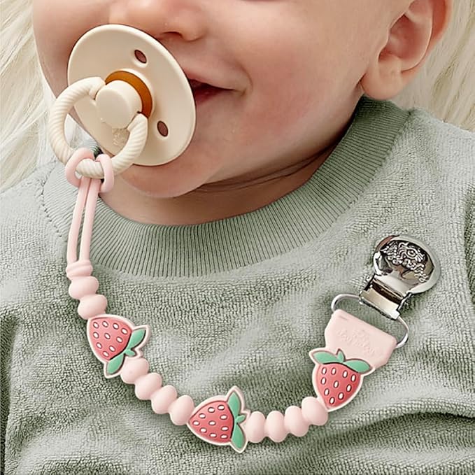 Itzy Ritzy Silicone Pacifier Clip; 100% Food Grade Silicone Pacifier Strap with Clip Keeps Pacifiers, Teethers & Small Toys in Place; Features One-Piece Design & Cord (Strawberry)
