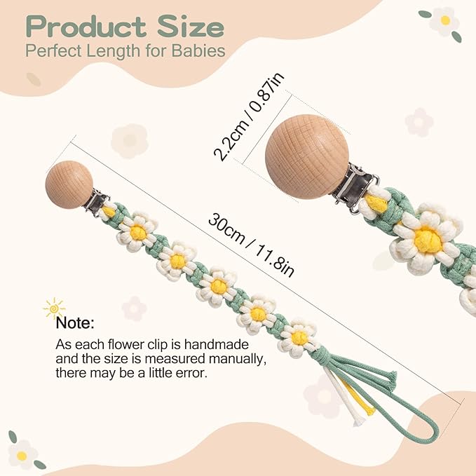Pacifier Clip for Boys Girls Floral Daisy Macrame Paci Clip Pacifier Holder Leash Boho Wooden Clips Handmade Braided Cotton Unisex Baby Shower Birthday Gift