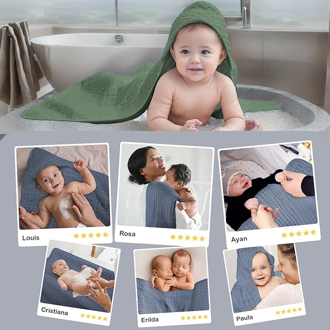 Soft Hooded Baby Towels for Newborn Babies 6 Pack 100% Cotton Muslin Baby Bath Towel with Hood, Absorbent Baby Bath Towels for Boys and Girls (Blue & Green & White)