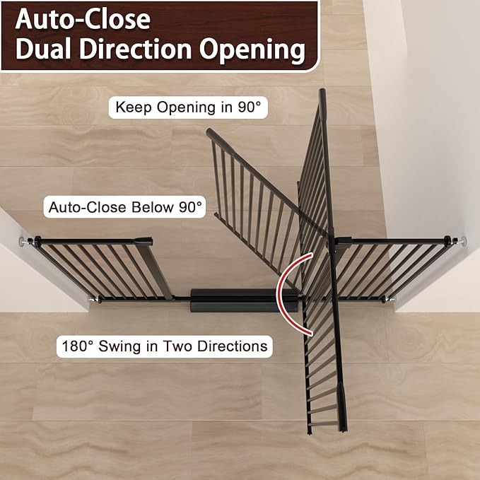DEARBB Extra Wide Baby Gate Ultra Narrow Spacing 30.11-77.36" Pressure Mounted Double Lock Swing Auto Close Walk Through Metal Safety Pet Gate for Stairs and House Doorway Kitchen