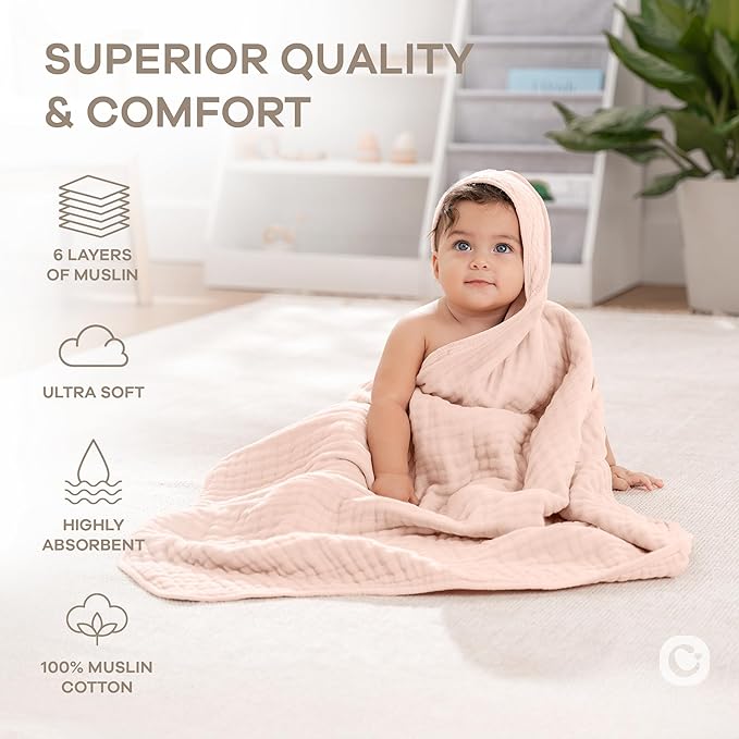 Comfy Cubs Hooded Baby Towel 2-Pack, Large 32 x 32 Inch - 6 Layer 100% Muslin Cotton for Babies, Toddlers and Kids - Soft & Absorbent Baby Bath Towels - Unisex Design for Bath Time - Blush
