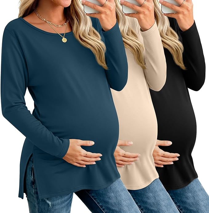 Riyiper 3 Pack Women's Maternity Long Sleeve T-Shirts Round Neck Side Split Tops Loose Casual Pregnancy Mama Clothes Fall