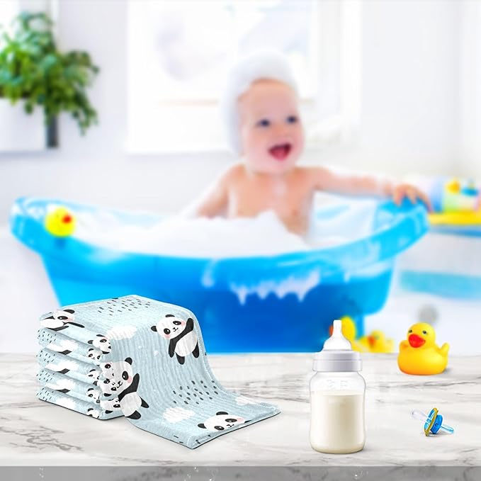 YETTASBIN Panda Muslin Baby Hand Washcloths, Soft Cotton Bath Face Towel, 4 Layers Extra Absorbent Feeding Burp Cloth for Newborn Infant, 5 Pack