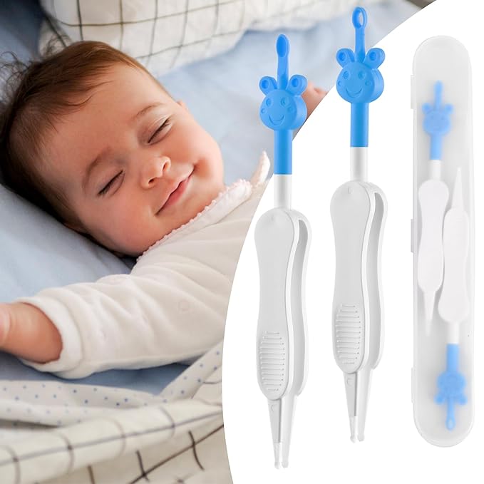 Baby Nose & Ear Cleaner Tool 3 in 1 Nose & Ear Wax Removal Tweezers Booger Picker for Sticky & Dried Boogers (Blue)