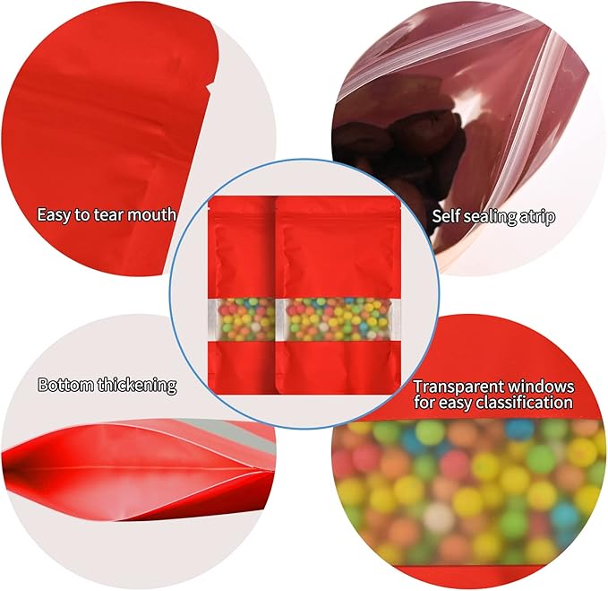 100 Pieces Smell Proof Mylar Bags, Resealable Food Storage Bags with Clear Window, Foil Pouch Stand-up Bags for Food Self Sealing Storage Supplies (Red, 4 x 6 Inch)