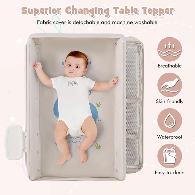 HONEY JOY Changing Table, Foldable Baby Mobile Nursery Organizer w/Wheels, Adjustable Heights, Storage Bag & Shelves, Waterproof Diaper Changing Station Dresser, Portable for Newborn Infant (Beige)