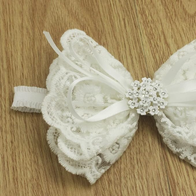 White Baby Bow Headband for Baptism Christening Satin Lace Hair Band with Cross for Toddler (Embroidery Lace white bow with pearl-5, 6 months-2 years old)
