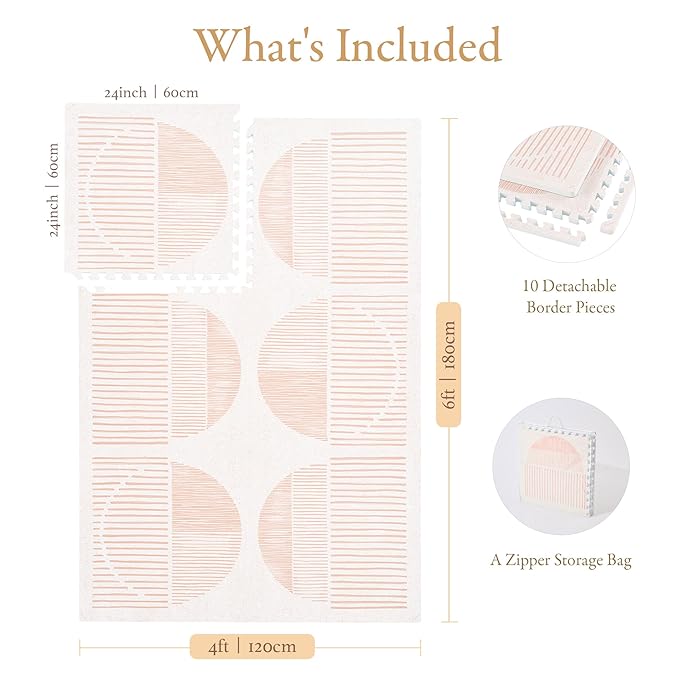 PopsyKosy Premium Baby Floor Play Mat - Thick & Cushioned 0.5 inch Playroom Foam Mat, Non-Toxic Odorless - 6 Tiles - Spacious 6x4 ft. - Stylish & Large, Waterproof for Kids & Toddlers - Cream Pink