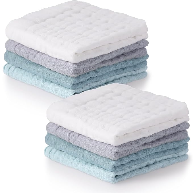 8 Pcs Baby Washcloths for Newborn 12 x 12 Inch Muslin Face Towels Cotton Absorbent for Delicate Skin Soft Muslin Cloth Reusable Baby Registry as Shower Gift, 4 Colors (Blue Color)