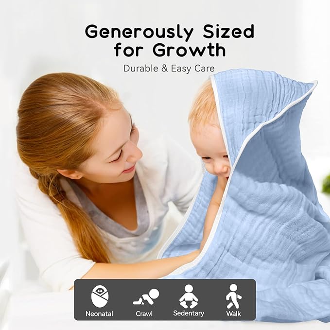2 Pack Baby Hooded Bath Towel - 100% Muslin Cotton, 32x32 Inch, Gray & Blue with White Trim, Soft Absorbent Newborn Infant Toddler Towel