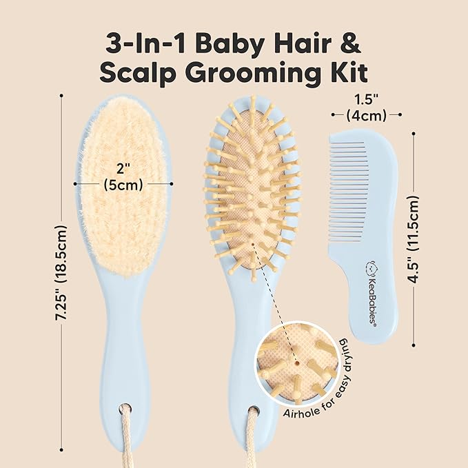 Baby Hair Brush Set for Newborns - Soft Goat Bristle Wooden Baby Brush and Comb Set Newborn Grooming Kit for Cradle Cap, Durable & Gentle, Boy, Girl Infant Essentials Care Kit (Oval, Frost)