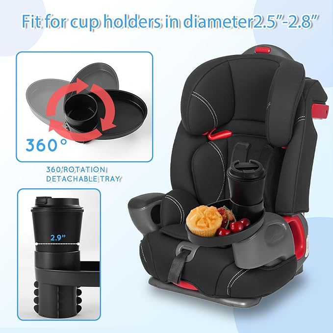 Car Seat Tray - for Cup Holders in 2.5”-2.8”,Easily Expands Snack Tray Cup Holder Tray into 360° Cup & Travel Tray for Kids Car Seat, Booster, and Stroller (Black)