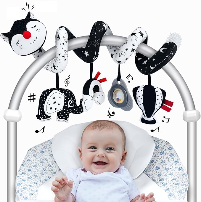 FATI Car Seat Toys for Babies 0-6 Months, Black and White High Contrast Baby Spiral Carseat Toy for Infant 0-3, 3-6 Newborn, Stroller Toys for 0 3 6 9 12 Months Baby Ideal Gift
