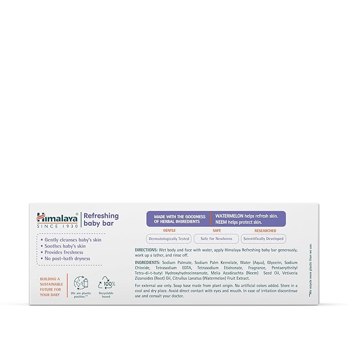 Himalaya Refreshing Baby Bar, Gentle Herbal Cleanser for Baby’s Delicate Skin, Soothes and Hydrates, No Post-Bath Dryness, Adds Freshness, Clinically Studied, 4.41 oz (125g) 3 Pack