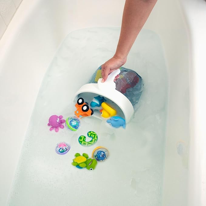 Nuby Mesh Toy Caddy - Bath Toy Storage Organizer with Detachable Suction Hanger - Handle for Easy Scooping - Durable, Quick-Dry Mesh