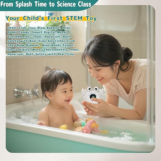 Baby Bath Thermometer Crab Toy - Digital Floating Water Thermometer with LED Display & Color Alerts for Infants, Cute Bath Tub Sensor & Safe Bath Time Essential Toy