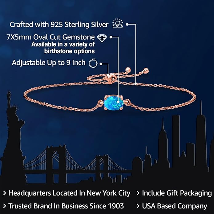 Gem Stone King 7X5MM Oval Gemstone Birthstone Solitaire Bracelet For Women | 925 Sterling Silver | Adjustable Bolo Bracelet For Women | Fine Jewelry Gifts for Her Mom Wife
