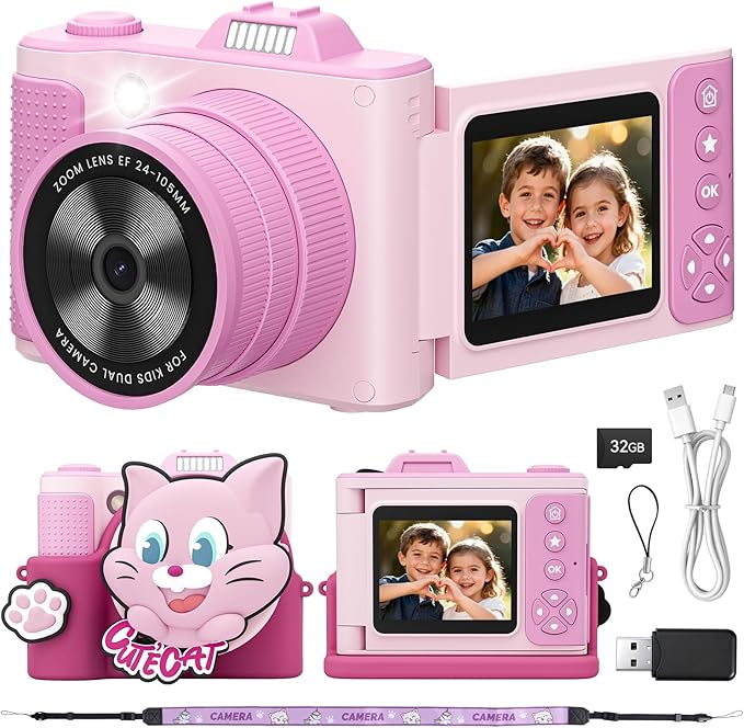 Kids Camera, Christmas Birthday Gifts for Boys Girls Age 3-12,Upgrade HD Flip Digital Video Cameras for Kids, Portable Toys for 3 4 5 6 7 8 9 10 Year Old Childrens with 32GB SD Card-Pink