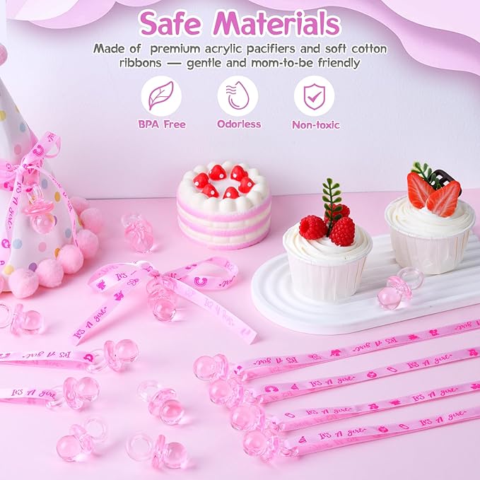 60 Pcs Baby Shower Pacifiers Necklace, Cute Acrylic Pacifier Necklaces for Chupones para Baby Shower Games Charm, Party Favors, Decorations DIY, Gender Reveal Table Scatter(Pink)