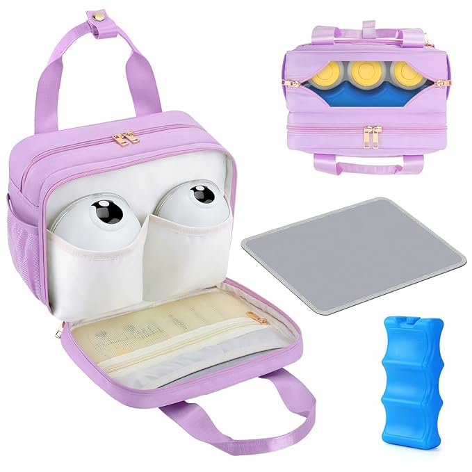 PIIOSER Breastmilk Cooler Bag with Ice Pack, Compatible with Wearable Breast Pumps & Accessories - Portable Breast Pumps Carrying Case for Nursing & Working Moms (Purple-Small)