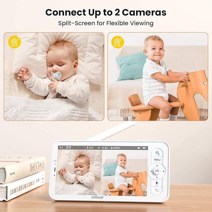 ieGeek Baby Monitor with 2 Cameras, 5" Large Screen Split-Screen Video Baby Monitor | 2K HD Non-WiFi Monitor with App & Parent Unit | Night Vision, 2-Way Audio, Cry Detection, Temperature Sensor