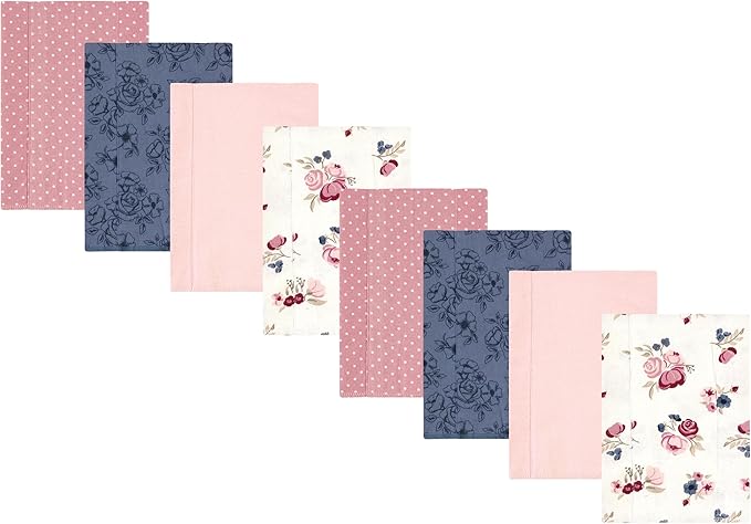 Hudson Baby Cotton Poly Flannel Burp Cloths Multipack, Dusty Rose Floral 8-Pack, One Size