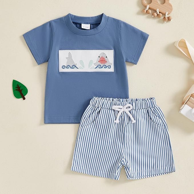 fhutpw Toddler Baby Boy Summer Clothes Tractor Letter Short Sleeve T-Shirt Tops Pockets Casual Shorts Set Infant Outfits