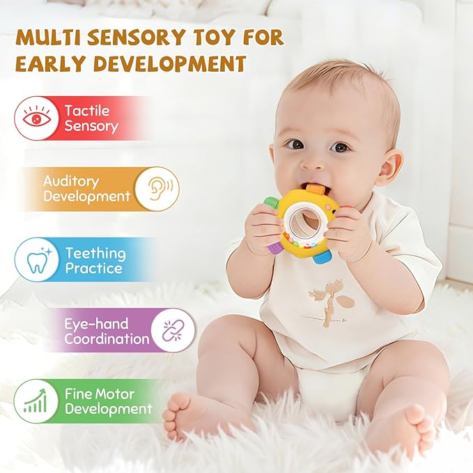 Baby Teething Toy for Babies Over 3 Months, BPA-Free Silicone Teether, Teething Relief & Fun Play with Rattle, Perfect Baby Easter Basket Stuffers & Baby Toys